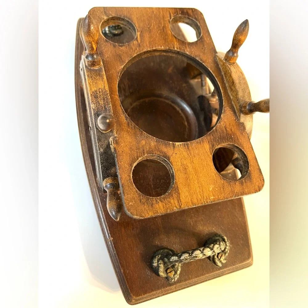 VTG Wooden Stand Ship's Wheel Serving Bar Tray for Bottle & Shot Glasses Handles